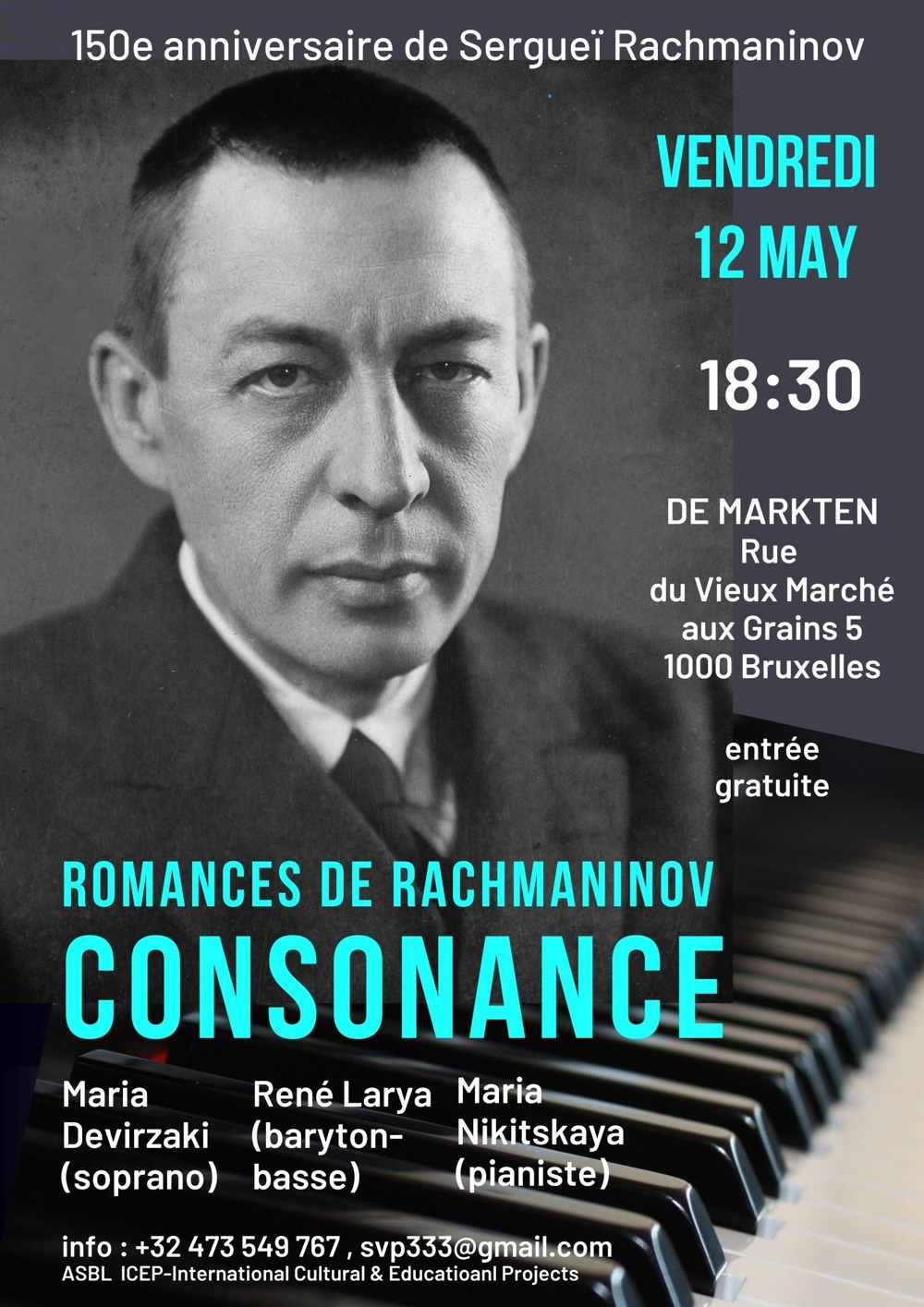 Affiche. Consonance, ICEP. CONSONANCE - Romances de Rachmaninov avec Maria Devirzaki (soprano), René Larya (baryton-basse) et Maria Nikitskaya (pianiste). Organisé par Svetlana Popova. 2023-05-12